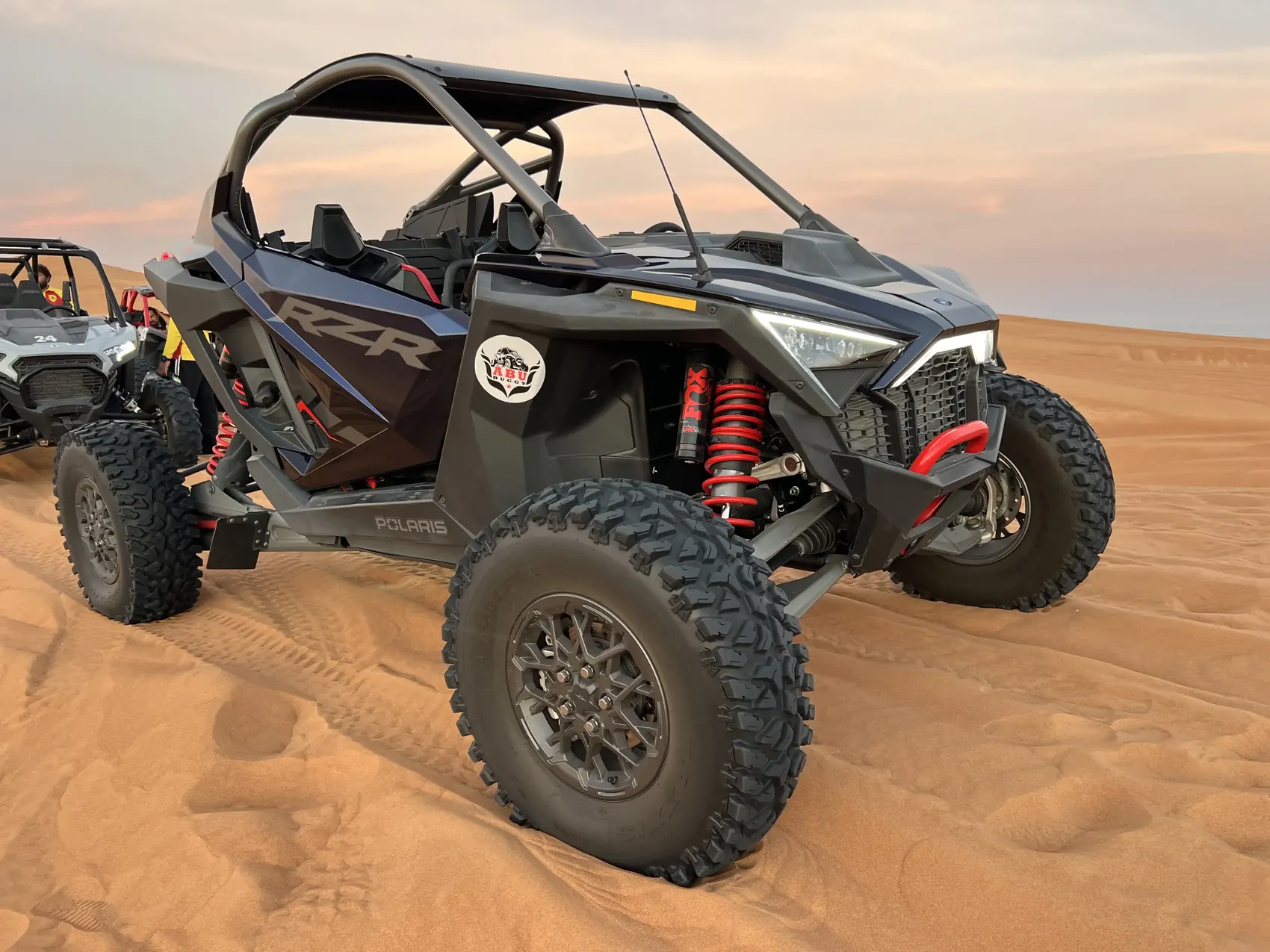 Abu Buggy, rear view of black buggy on dune
