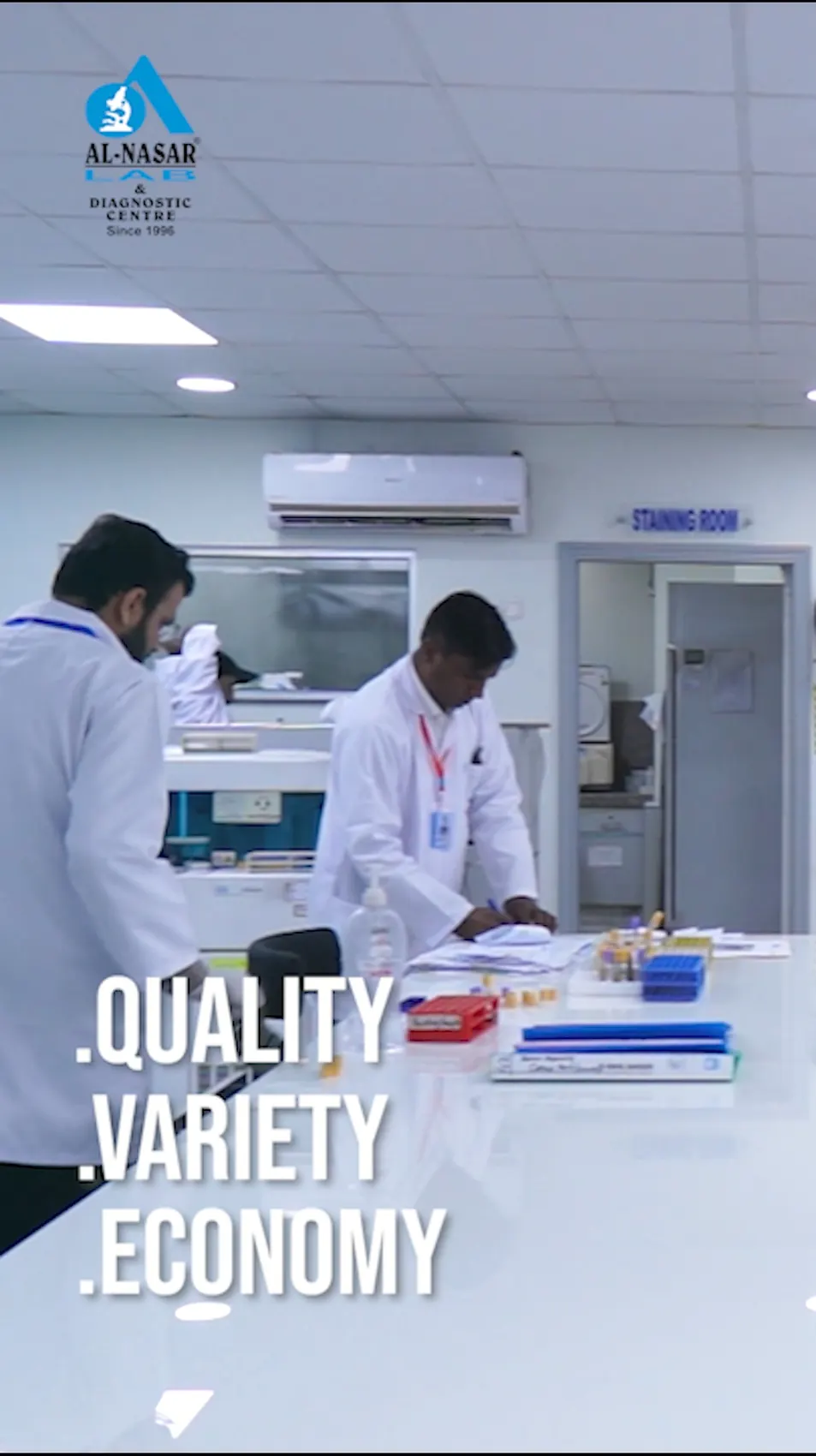 Al Nasar Lab, lab staff working with quality variety economy headline