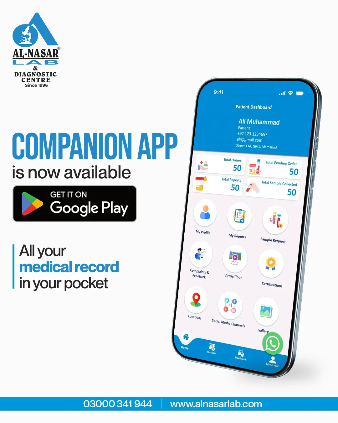 Al Nasar Lab, phone screen showing companion app dashboard