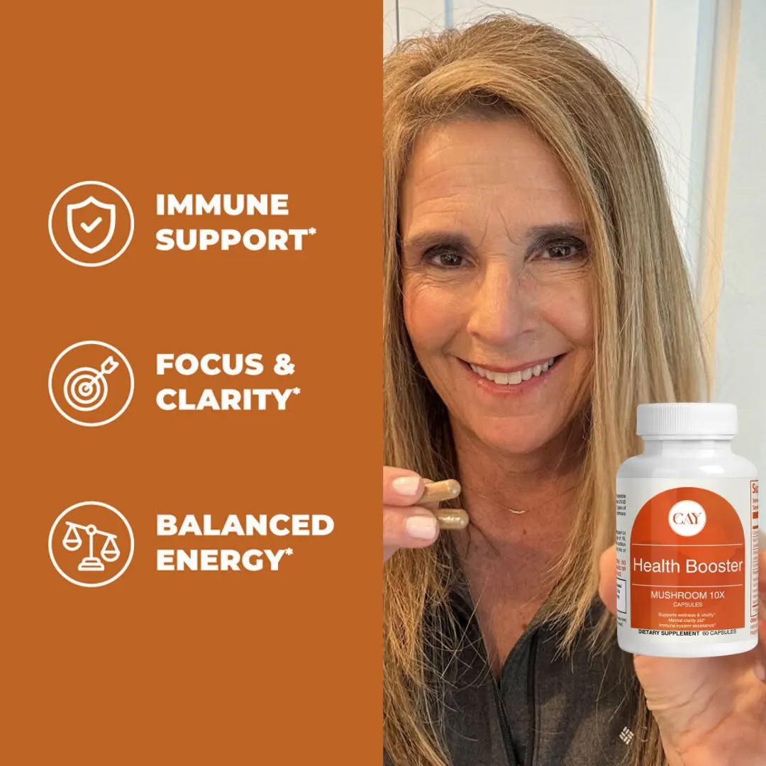 Cayvitamin, woman holding supplement bottle with benefit icons