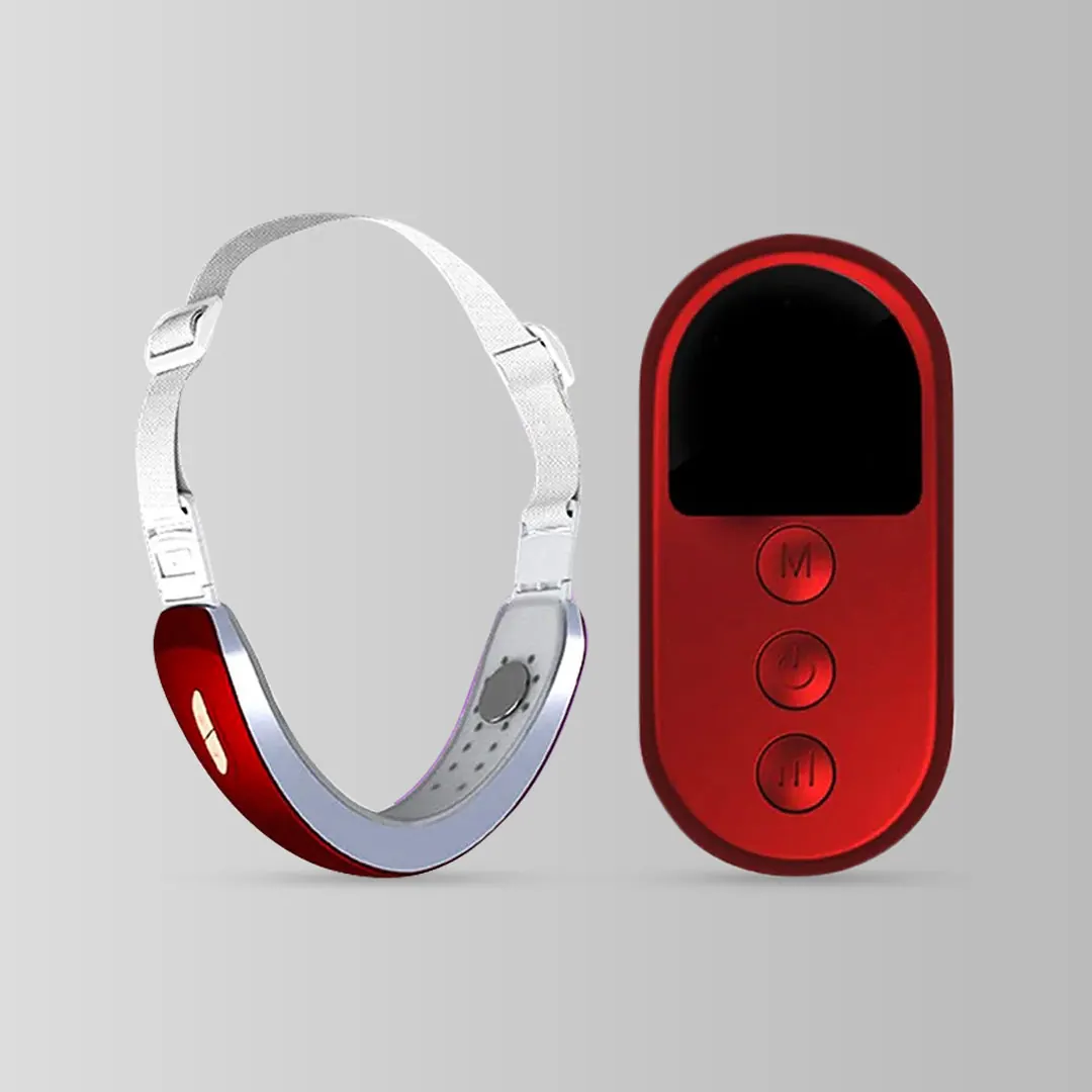 GoPurple, neck device with red remote control on gray background