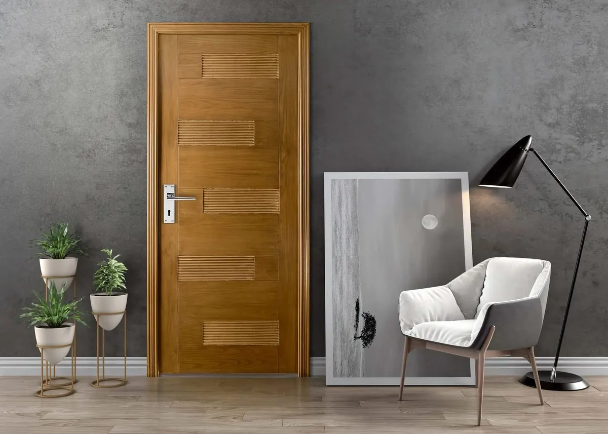 Grains Home, wooden door with plants and armchair display