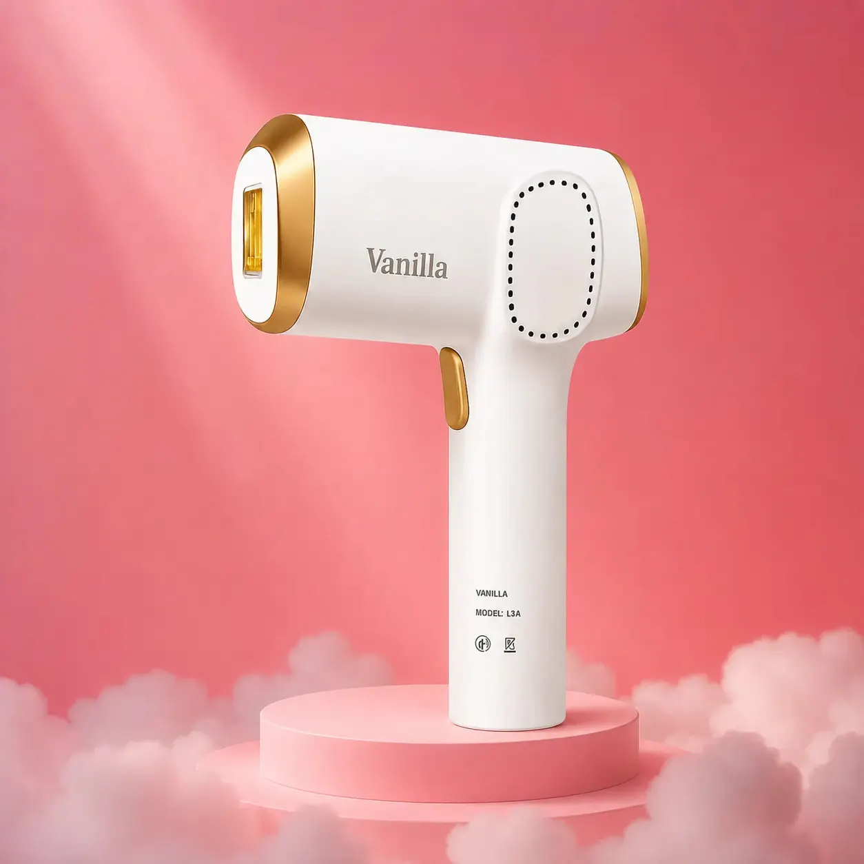 My Vanilla Skin, skin device on pink podium with soft lighting