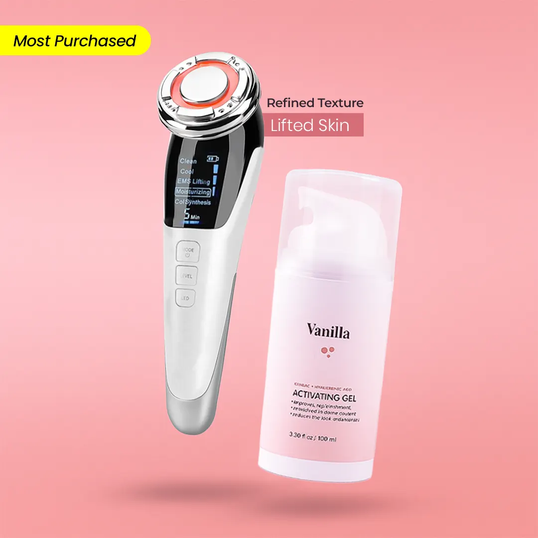 My Vanilla Skin, skincare device with gel bottle and promotional labels