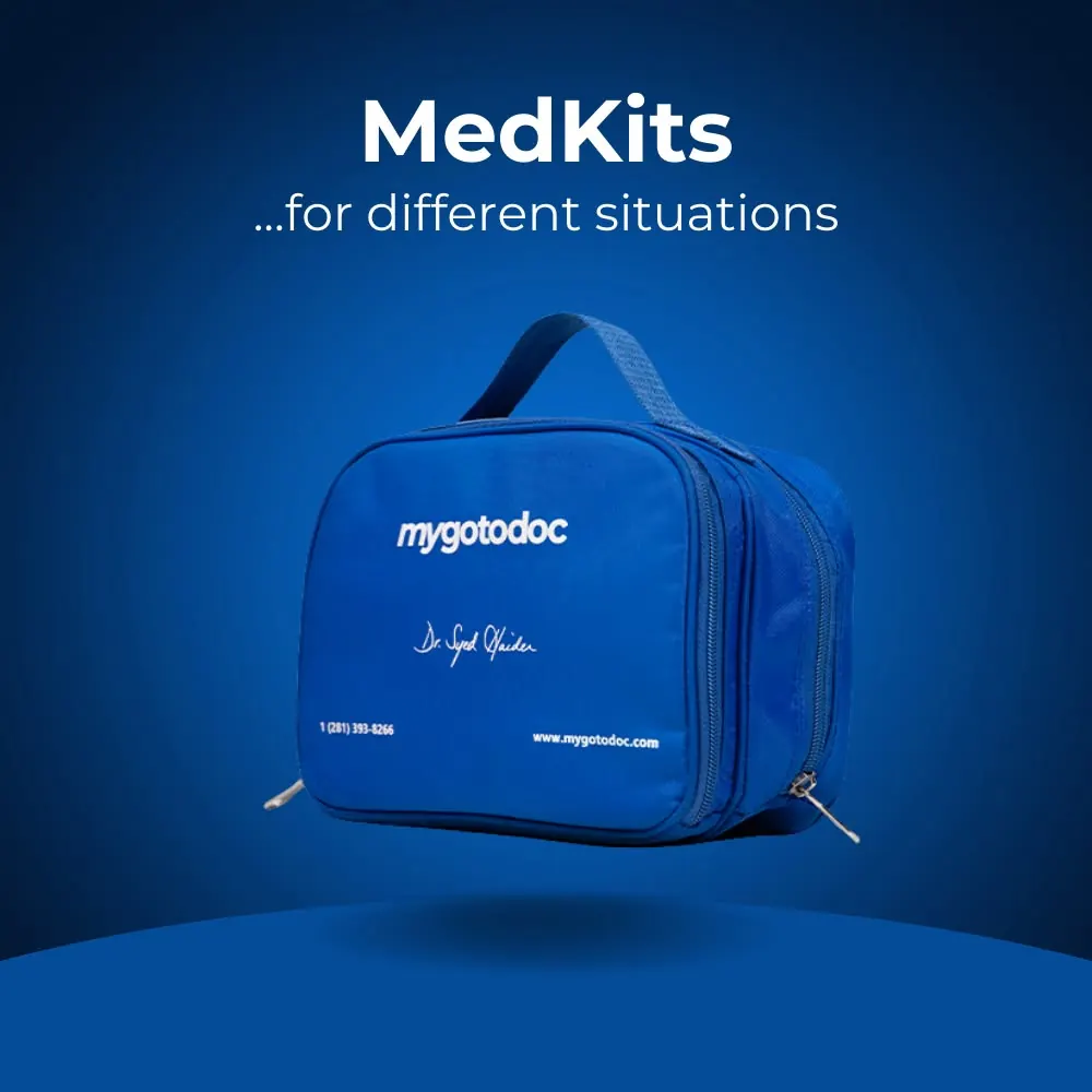 MyGoToDoc, branded medical kit bag on blue background