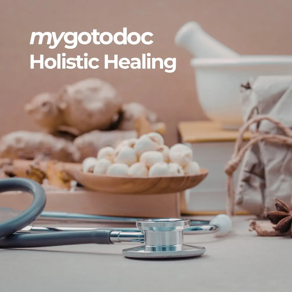 MyGoToDoc, herbal ingredients and stethoscope with holistic healing headline