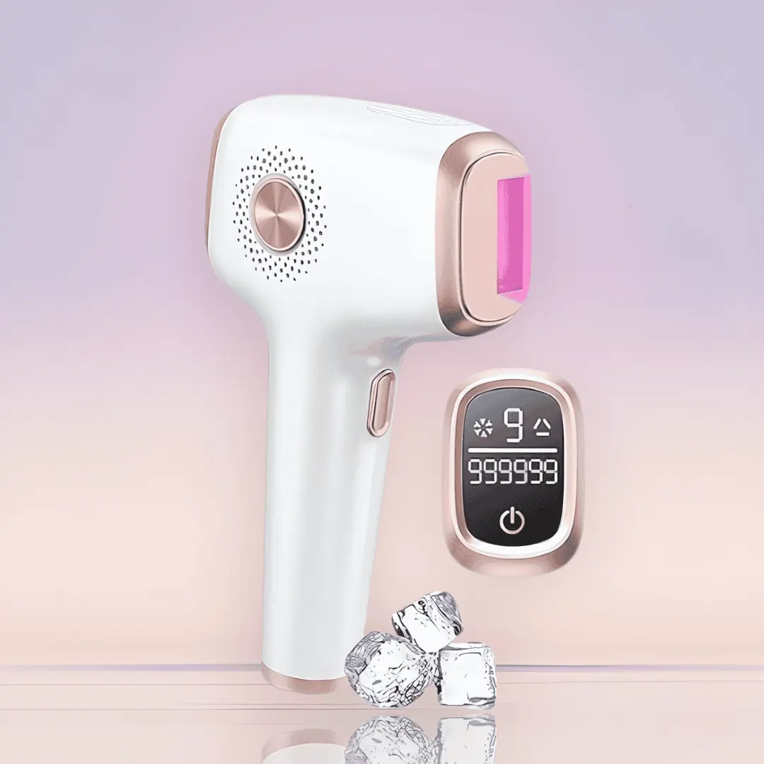 MySkinix, white and gold IPL device with ice cubes
