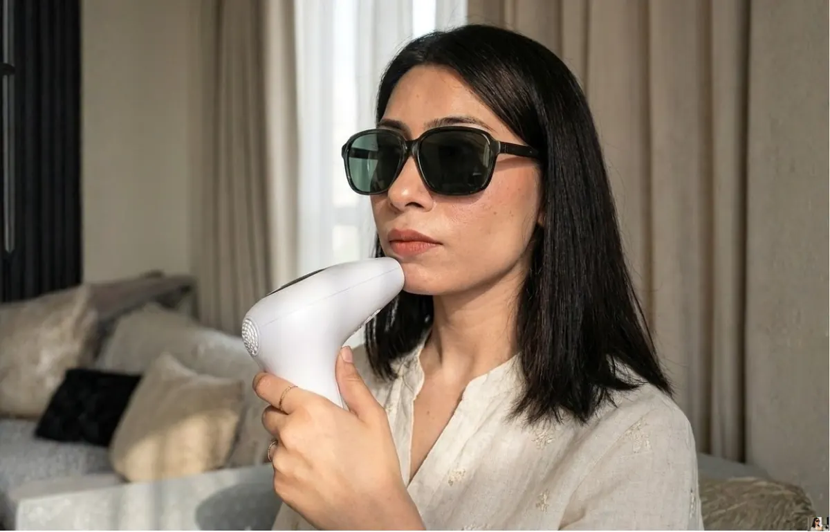 MySkinix, woman with sunglasses using device at home