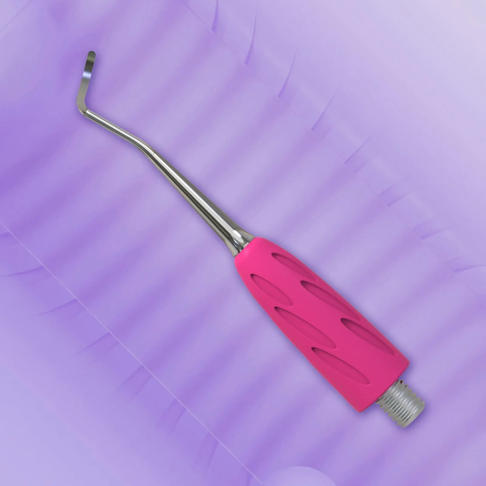 Staleks, curved metal manicure tool with pink handle on purple