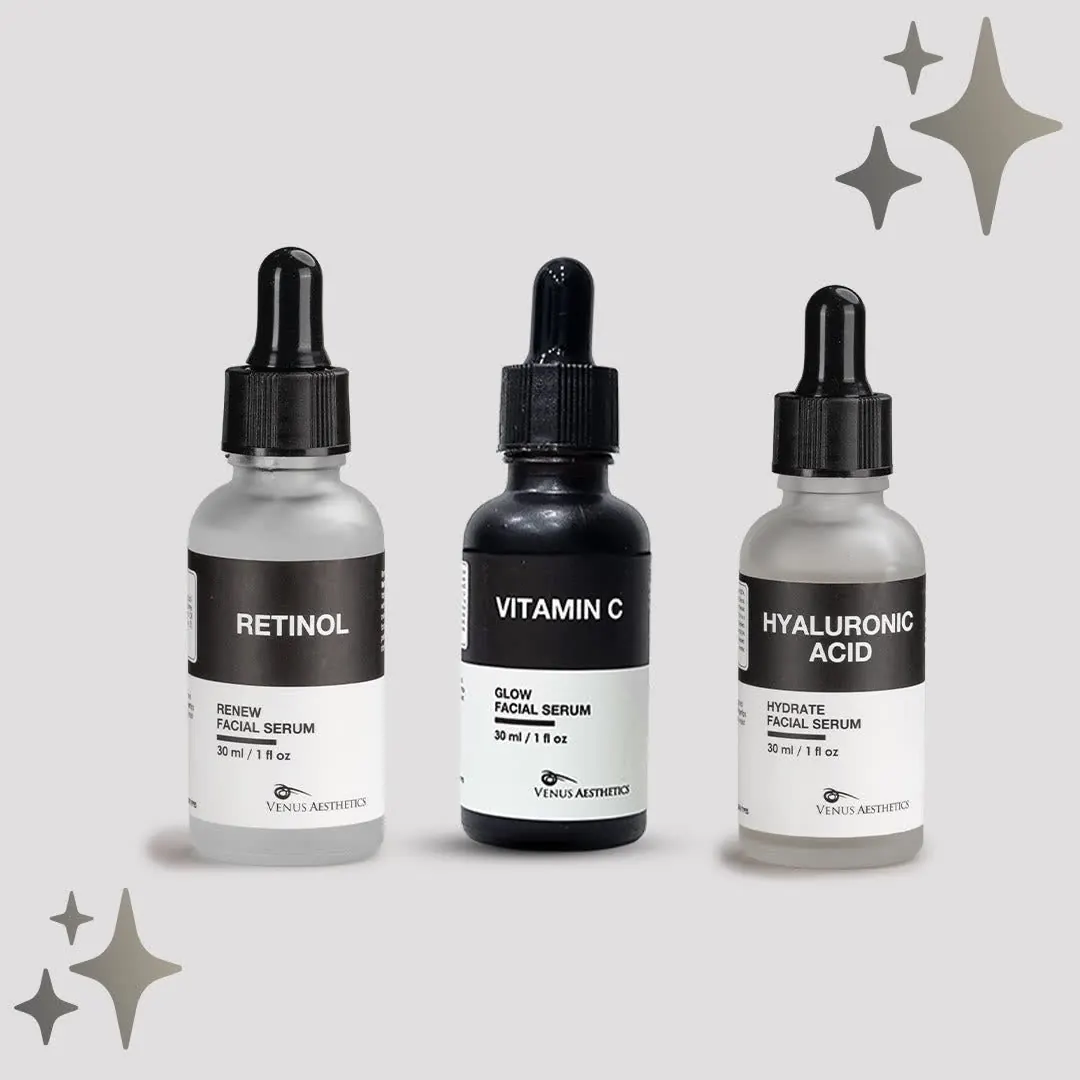 Venus Aesthetics, three dropper serum bottles with sparkle decoration