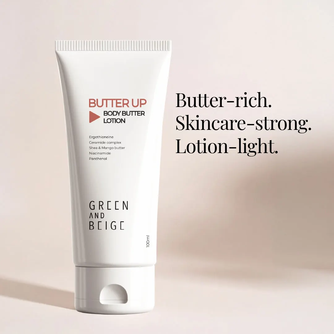 Green and Beige, body butter tube standing upright with headline