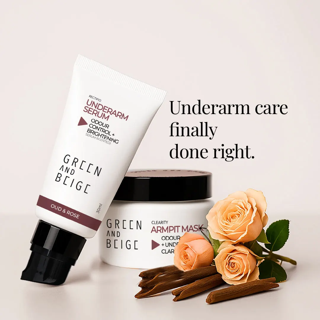 Green and Beige, underarm serum tube and jar with roses and headline